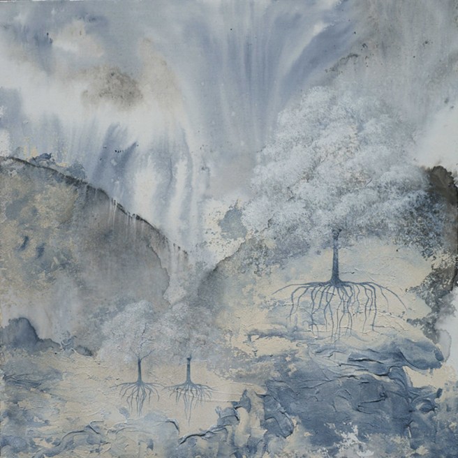 Emily Magone, acrylic painting titled Misted Trees