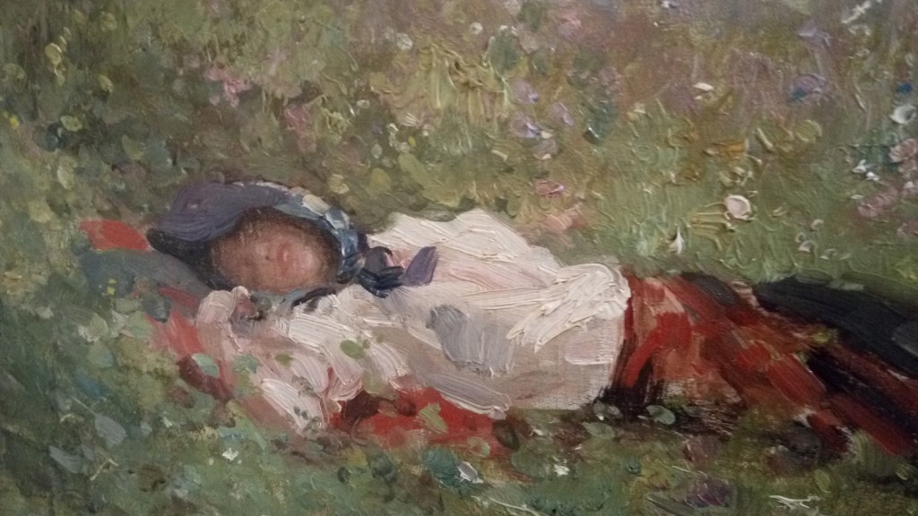 Detail of Taranca culcata pe iarba (Peasant Woman Lying on the Grass), painting by Romanian artist Nicolae Grigorescu